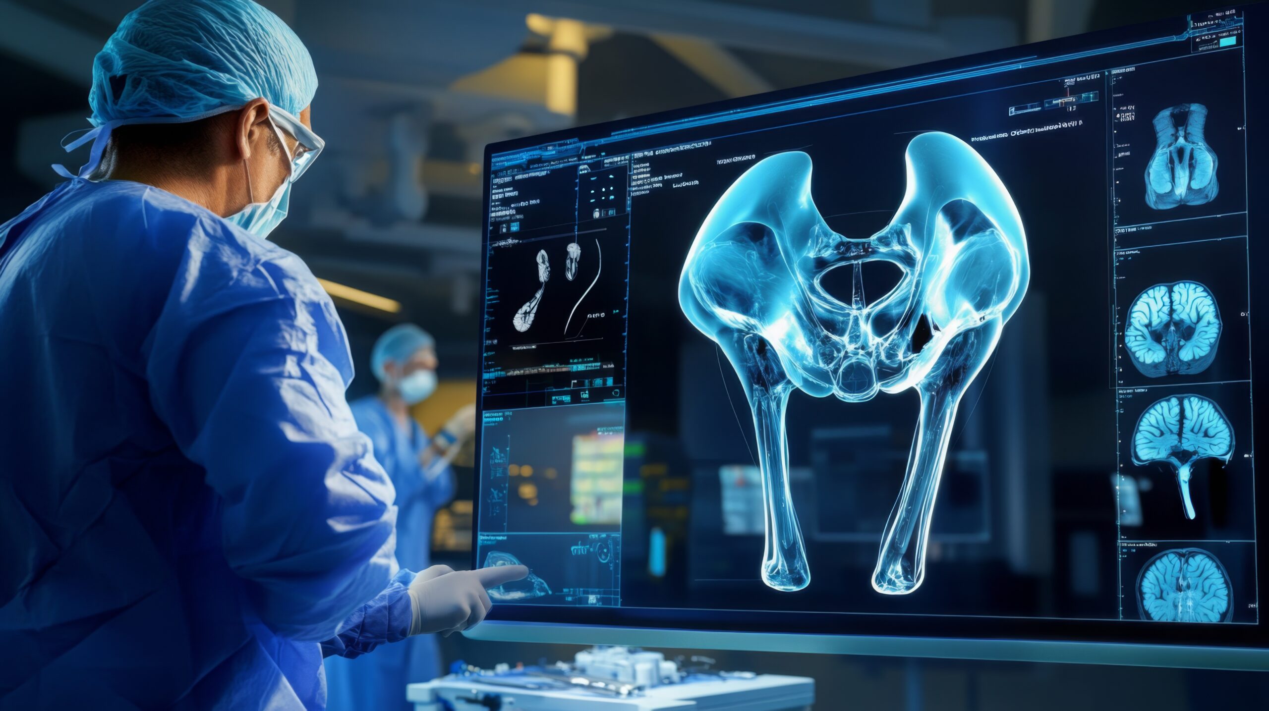 Medical professional analyzing hip X-ray image